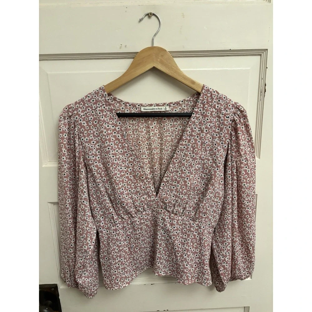 Abercrombie & Fitch‎ Women's Pink Floral Cropped Blouse Puff Sleeves Size Small
